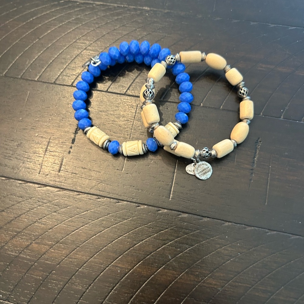 Alex and Ani Blue and “Wood” Beaded Bracelet Set